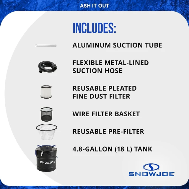 Alt view image 4 of 7 - Snow Joe Bagless Ash Vacuum Cleaner Machine, Metal Canister with Hose and Filter, 4.8 Gallon, 5-Amp Motor - Vacuuming and Cleaning Equipment for Home, Garage and Outdoor Spaces, ASHJ202E