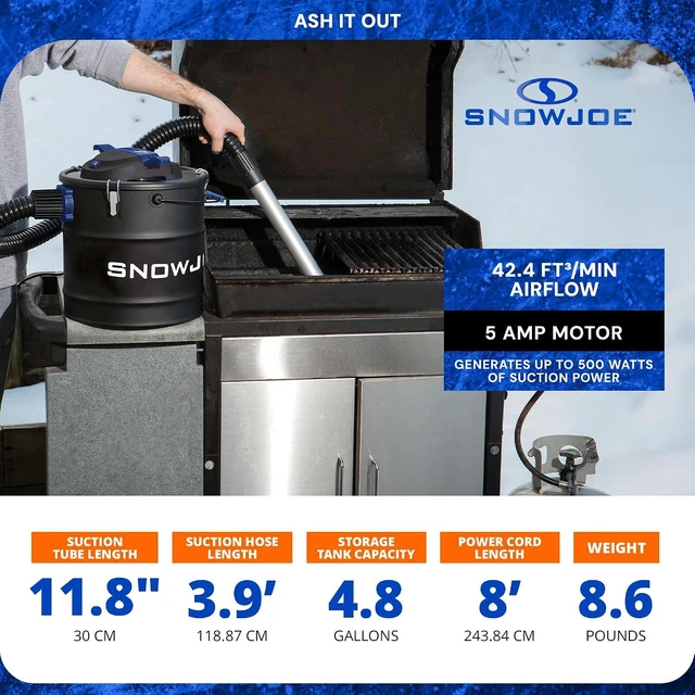 Alt view image 3 of 7 - Snow Joe Bagless Ash Vacuum Cleaner Machine, Metal Canister with Hose and Filter, 4.8 Gallon, 5-Amp Motor - Vacuuming and Cleaning Equipment for Home, Garage and Outdoor Spaces, ASHJ202E