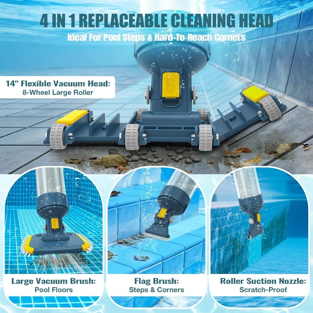Alt view image 2 of 7 - Vucaki 5-in-1 Handheld Pool Vacuum with 10.8FT Telescopic Pole 14" Wheel Vacuum Head, 18.9GPM Suction, 70Min Runtime, Heavy Duty Pool Vacuum Cleaner for Inground & Above Ground Pools and Spas