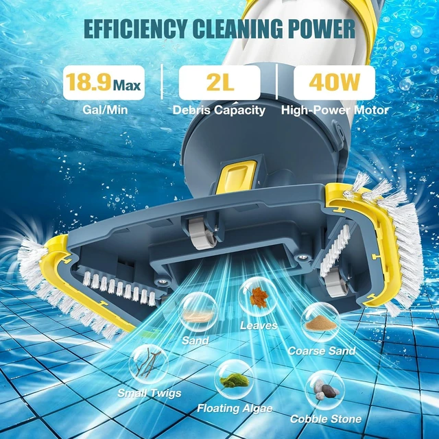 Alt view image 3 of 7 - Vucaki 5-in-1 Handheld Pool Vacuum with 10.8FT Telescopic Pole 14" Wheel Vacuum Head, 18.9GPM Suction, 70Min Runtime, Heavy Duty Pool Vacuum Cleaner for Inground & Above Ground Pools and Spas