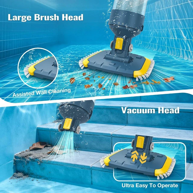 Alt view image 4 of 7 - Vucaki 5-in-1 Handheld Pool Vacuum with 10.8FT Telescopic Pole 14" Wheel Vacuum Head, 18.9GPM Suction, 70Min Runtime, Heavy Duty Pool Vacuum Cleaner for Inground & Above Ground Pools and Spas