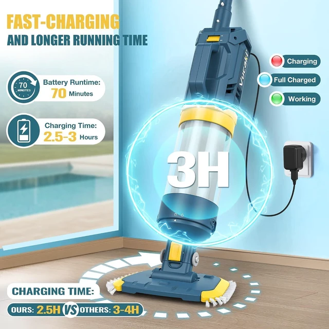 Alt view image 5 of 7 - Vucaki 5-in-1 Handheld Pool Vacuum with 10.8FT Telescopic Pole 14" Wheel Vacuum Head, 18.9GPM Suction, 70Min Runtime, Heavy Duty Pool Vacuum Cleaner for Inground & Above Ground Pools and Spas