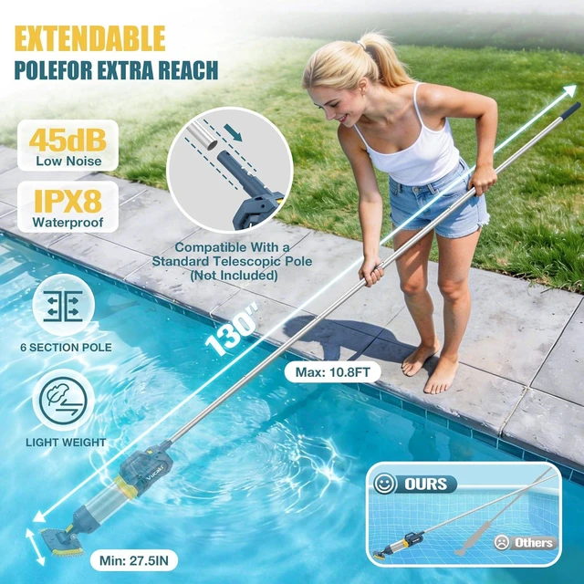 Alt view image 6 of 7 - Vucaki 5-in-1 Handheld Pool Vacuum with 10.8FT Telescopic Pole 14" Wheel Vacuum Head, 18.9GPM Suction, 70Min Runtime, Heavy Duty Pool Vacuum Cleaner for Inground & Above Ground Pools and Spas