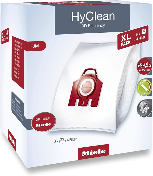 Main image of Miele Original AirClean 3D Efficiency FJM XL-Pack Vacuum Cleaner Bags, Containing 8 Bags and 4 Filters, for Miele Compact C2, Compact C1, Complete C1, S6 and S4 vacuum cleaners