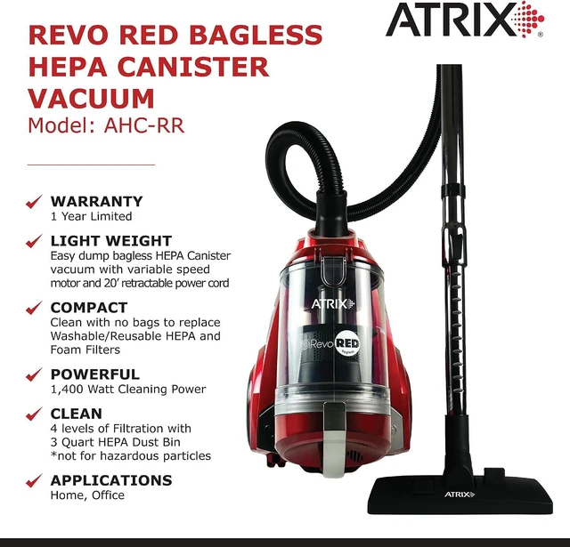 Alt view image 7 of 7 - Atrix AHC-RR Revo Red Canister Vacuum Bagless