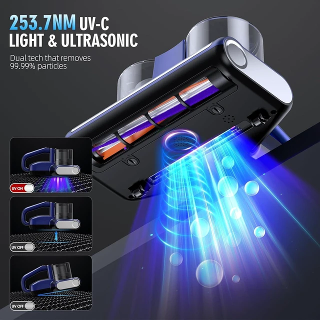 Alt view image 3 of 7 - Mattress Vacuum Bed Vacuum Cleaner 16Kpa Suction 253.7nm UV-C Light, 140°F Heated Air, 30000 RPM Brushroll, Ultrasonic, HEPA Filter, Handheld Vacuums for Carpet/Sofa, 500W Corded, (Light Blue)