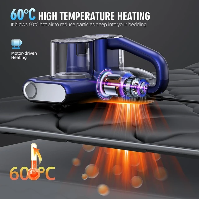 Alt view image 4 of 7 - Mattress Vacuum Bed Vacuum Cleaner 16Kpa Suction 253.7nm UV-C Light, 140°F Heated Air, 30000 RPM Brushroll, Ultrasonic, HEPA Filter, Handheld Vacuums for Carpet/Sofa, 500W Corded, (Light Blue)