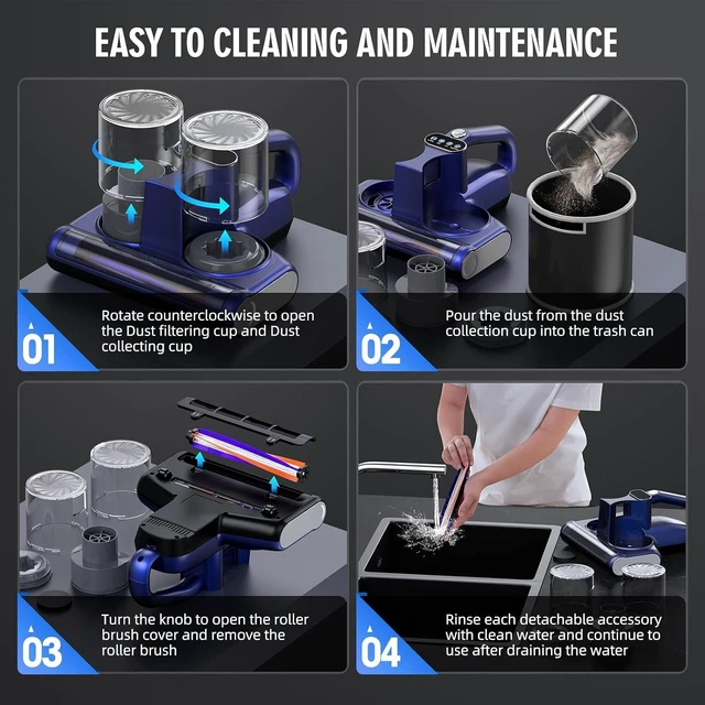 Alt view image 7 of 7 - Mattress Vacuum Bed Vacuum Cleaner 16Kpa Suction 253.7nm UV-C Light, 140°F Heated Air, 30000 RPM Brushroll, Ultrasonic, HEPA Filter, Handheld Vacuums for Carpet/Sofa, 500W Corded, (Light Blue)