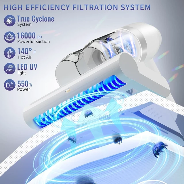 Alt view image 3 of 7 - Mattress Vacuum Cleaner, Bed Vacuum Cleaner with UV & Ultrasonic, 16Kpa Suction Handheld Bed Vacuums with High Heating Tech, Effectively Clean Up Bed, Pillows, Sofas, Carpets, 550W