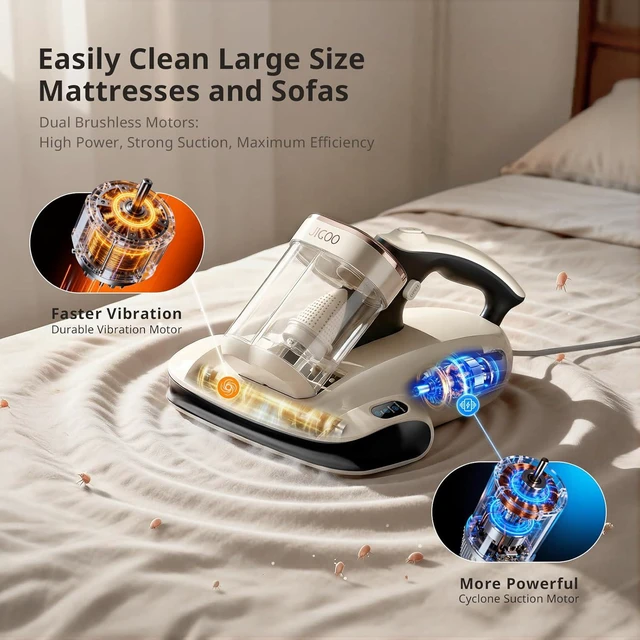Alt view image 2 of 7 - JIGOO Mattress Vacuum Cleaner UV Sanitizing, Anti-allergen Bed Cleaner with 12Kpa Suction, Handheld Vacuums for Dust & Pet Hair, Effectively Clean Up Bed, Pillows, Cloth Sofas, Carpets