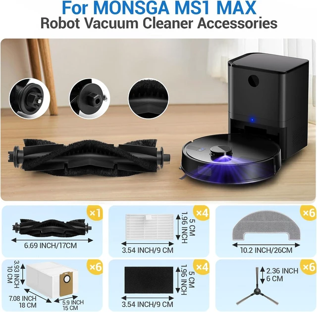 Alt view image 2 of 7 - Bluevisk MS1 MAX Replacement Parts for For MONSGA MS1 MAX Robotic Vacuum Cleaner Parts with 1 Roller Brush, 4 HEAP, 6 Mop, 6 Dust Bags, 6 Side Brushes, 1 Clean Brush