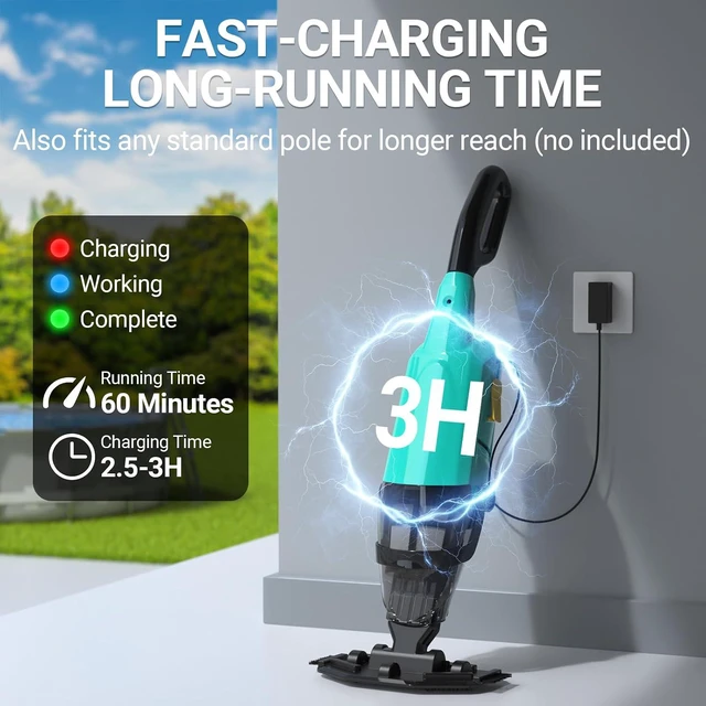 Alt view image 6 of 7 - Pool Vacuum for Above Ground Pool, 18GPM Powerful Suction/87 Extension Pole/60Mins Runtime, Spot Fast Cleaning Cordless Handheld Pool Vacuum Cleaner for Spas Inground Above Ground Pool Vacuums
