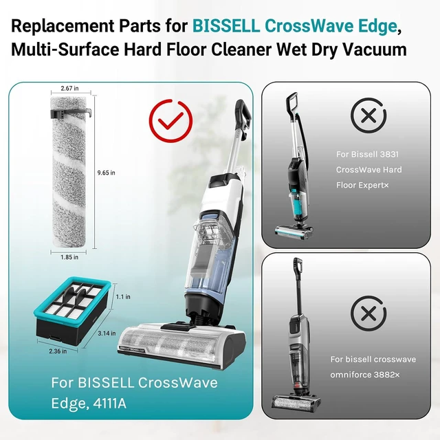 Alt view image 2 of 7 - 4111A Replacement Brushes and Filters for Bissell CrossWave Edge, Multi-Surface Hard Floor Cleaner Wet Dry Vacuum with Zero-Gap Edge Technology, 2 Pack Brushes and 2 Pack Filters
