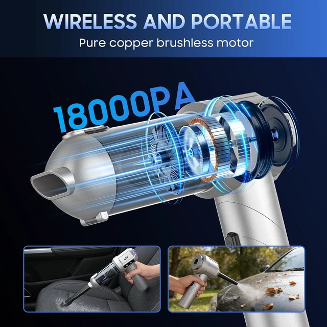 Alt view image 3 of 7 - car Vacuum Portable Cordless, 18000PA Brushless Motor Hand Held Vacuum,Air Duster, 120W High Power Mini Vacuum Cleaner Foldable with LED Screen for Home, Car, Office, Pet