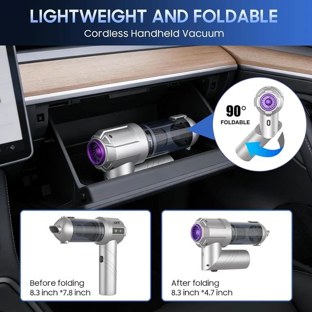 Alt view image 2 of 7 - car Vacuum Portable Cordless, 18000PA Brushless Motor Hand Held Vacuum,Air Duster, 120W High Power Mini Vacuum Cleaner Foldable with LED Screen for Home, Car, Office, Pet