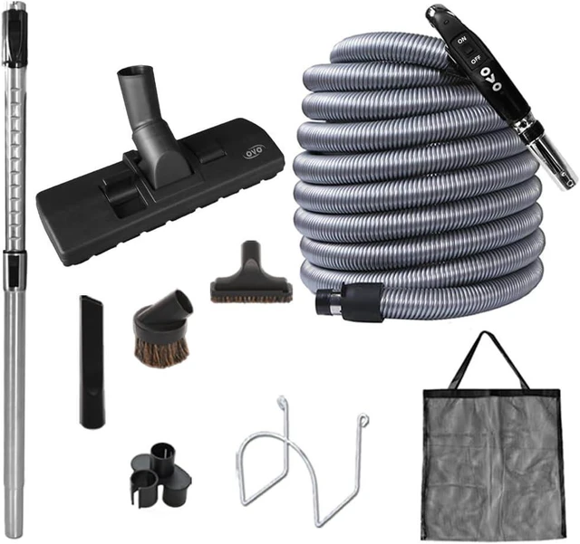 Main image of OVO Central Vacuum Standard Kit, with 30/35/40/50ft Low-Voltage Hose, ON/Off Control at The Handle, 12 Combo Brush and Accessories, for Hard Surfaces and Carpets, B 50', Black,KIT-LV50S