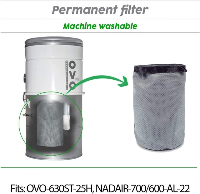 Alt view image 2 of 5 - OVO Central Vacuum Permenent Filter, 8 Liter, Fits OVO-630/700ST-25H, OVO-630/550ST-18B, OVO-595ST-18V, NADAIR-600/700-AL-22, Machine Washable, Grey