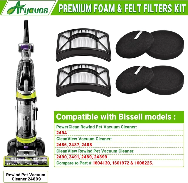 Alt view image 2 of 7 - Filter Replacement for Bissell CleanView 2486, 2487, 2488, 2489, 24899, 2490, 2491, 2492, PowerClean 2494 Vacuum, Compare to Part # 1608225, 1604130, 1601972, 2 HEPA +2 Foam & Felt Filters