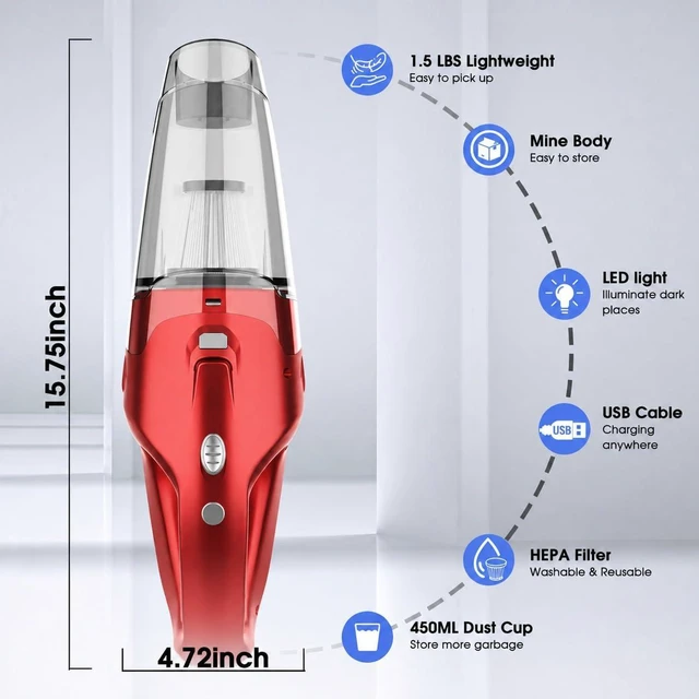 Alt view image 3 of 7 - YOOHI Handheld Vacuum Cordless Rechargeable 6000Pa Mini Hand Held Vacuum, LED Light, 2025 Mins Runtime, USB Charging, 500ML Cup Lightweight Small Vacuum Cleaner Cordless for Car/Office/Home