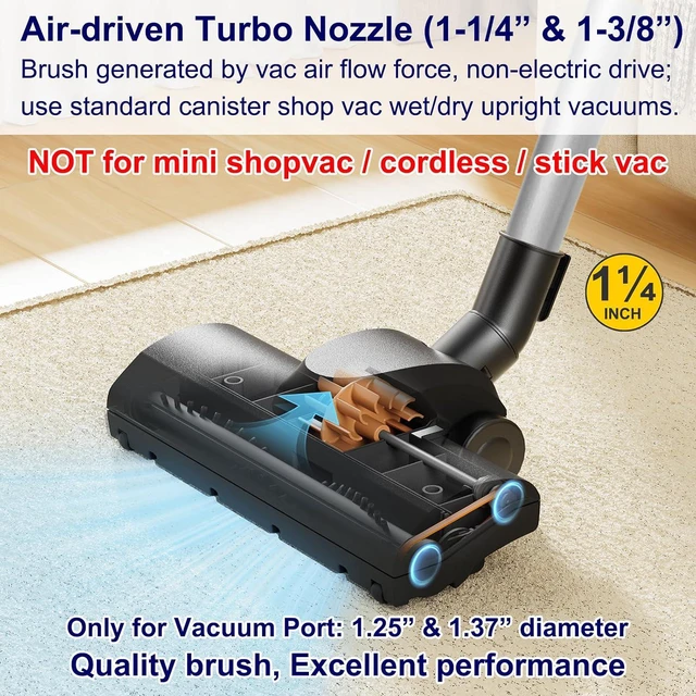 Alt view image 2 of 7 - Portek Turbo Brush Head for 1-1/4" and 1-3/8" Vacuum Cleaners, Air-Driven Floor Nozzle Attachment with Adapter and Cleaning Tool for Pet Hair Removal on Carpets and Hard Floors