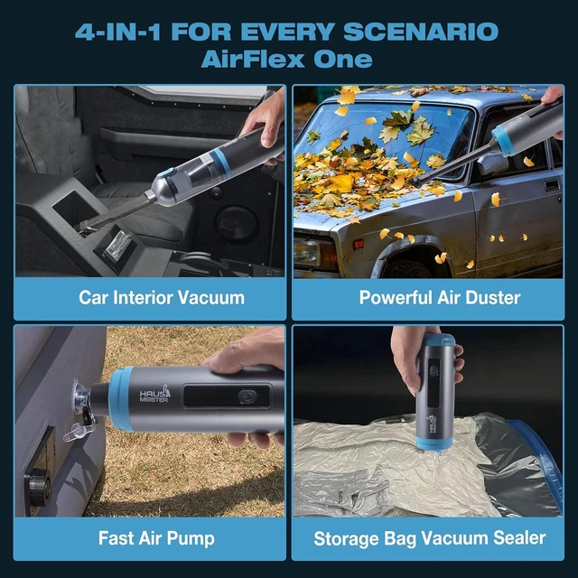 Alt view image 2 of 7 - HAUSMEISTER Airflex One Cordless Car Vacuum 16000Pa, 4-in-1 Handheld Vacuum with Air Duster & Inflator, Portable Mini Vac for Car Detailing, Pet Hair, Keyboard Cleaning (Gray)