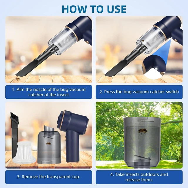 Alt view image 5 of 7 - Bug Vacuum with Long Nozzle: 5 in 1 Handheld Cordless Car Vacuum Cleaner for Adults Car Home Office Garden, Rechargeable Strong Suction Insect Catcher for Spider Moth,Stink Bug (Blue)