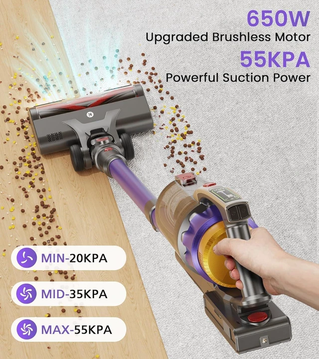 Alt view image 2 of 7 - NADALY Cordless Vacuum Cleaner, 55KPa 650W 70-Min Vacuum Cleaners for Home, Anti-Tangle Brush, 1.8L Capacity, Lightweight Stick Vacuum Cleaner Pet Hair Hardwood Floors Carpet