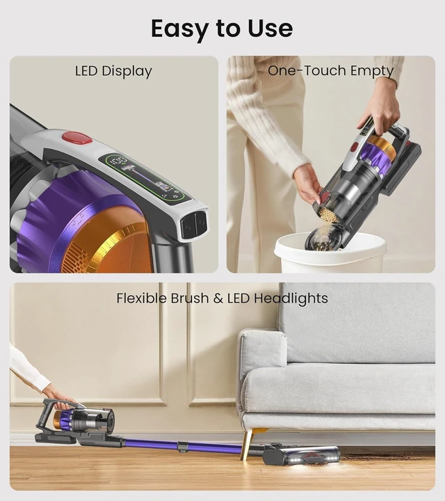 Alt view image 7 of 7 - NADALY Cordless Vacuum Cleaner, 55KPa 650W 70-Min Vacuum Cleaners for Home, Anti-Tangle Brush, 1.8L Capacity, Lightweight Stick Vacuum Cleaner Pet Hair Hardwood Floors Carpet