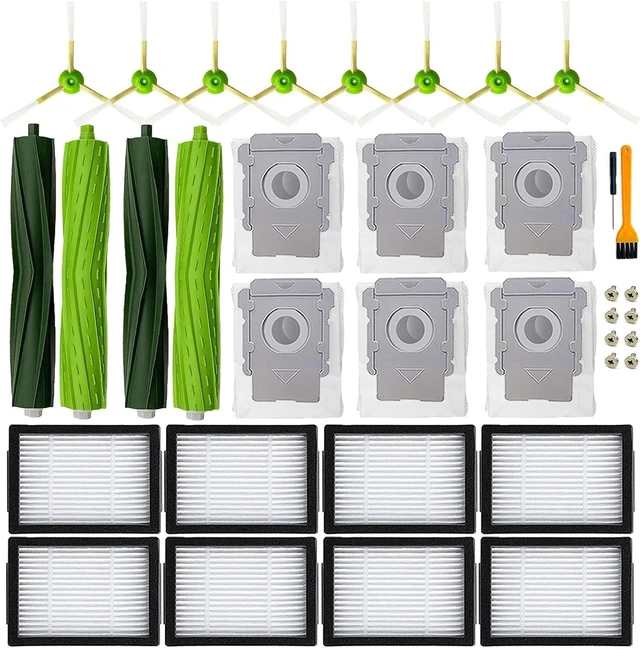 Main image of Replacement Parts for iRobot Roomba i3 i3+ i7 i7+ i4 i4+ i5 i5+ j5 j5+J7 i2 i6 i6+i8 i8+/Plus E5 E6 E7 I & E & J Series Vacuum Cleaner,2 Set Rubber Brushes,8 Filters,8 Side Brushes,6 Bags