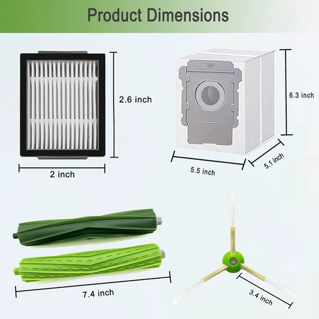Alt view image 6 of 6 - Replacement Parts for iRobot Roomba i3 i3+ i7 i7+ i4 i4+ i5 i5+ j5 j5+J7 i2 i6 i6+i8 i8+/Plus E5 E6 E7 I & E & J Series Vacuum Cleaner,2 Set Rubber Brushes,8 Filters,8 Side Brushes,6 Bags
