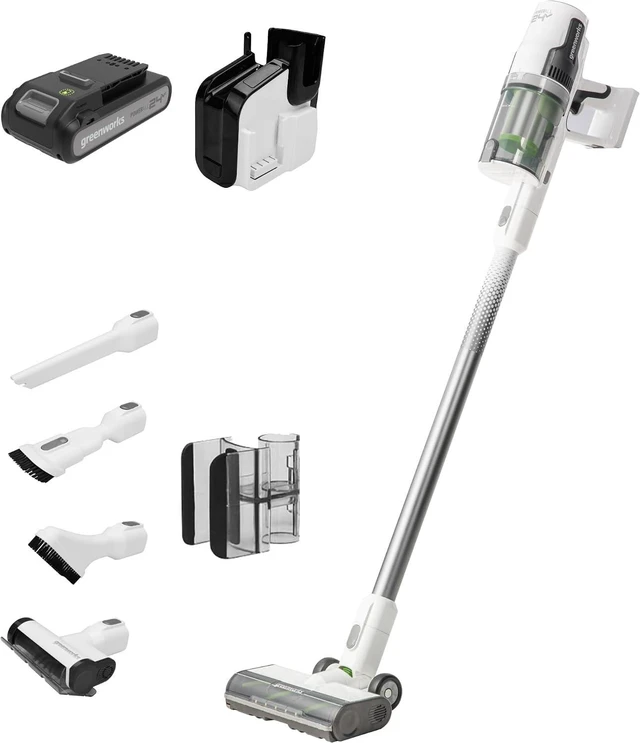 Main image of Greenworks 24V Brushless Cordless Stick Vacuum, Lightweight, Handheld, Pet, Anti-Allergen HEPA Filtration, Hard Floor, Carpet, Car, 4Ah Battery, and 30-Minute Charge Time (White)