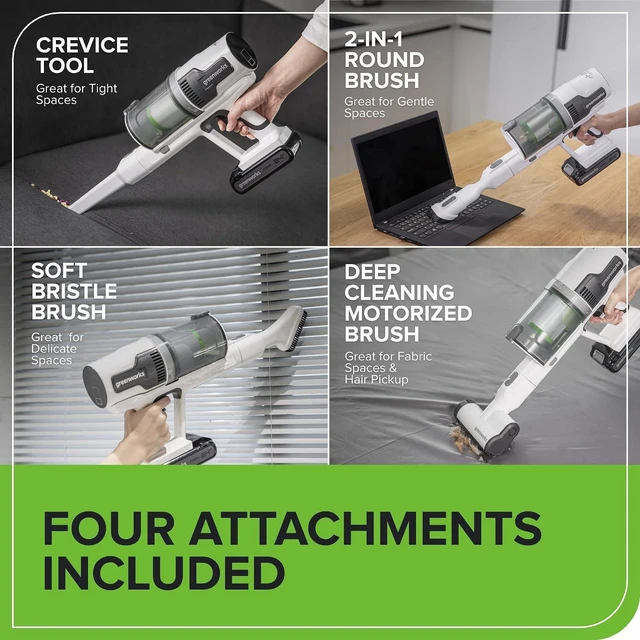 Alt view image 6 of 7 - Greenworks 24V Brushless Cordless Stick Vacuum, Lightweight, Handheld, Pet, Anti-Allergen HEPA Filtration, Hard Floor, Carpet, Car, 4Ah Battery, and 30-Minute Charge Time (White)