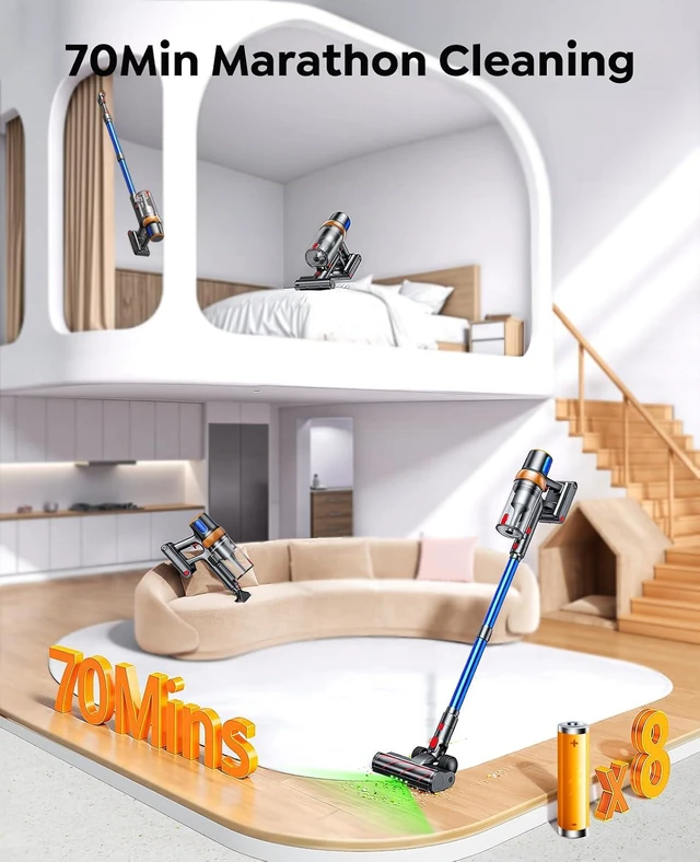 Alt view image 3 of 7 - Cordless Vacuum Cleaner, 650W 55KPA 70Mins Vacuum Cleaners for Home, Stick Vacuum with Mattress Brush, Wall Mount Charging, Auto Mode, Self-Standing, LED Lights for Pet Hair/Floors/Carpets/Hardwood