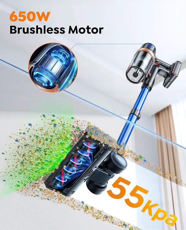 Alt view image 2 of 7 - Cordless Vacuum Cleaner, 650W 55KPA 70Mins Vacuum Cleaners for Home, Stick Vacuum with Mattress Brush, Wall Mount Charging, Auto Mode, Self-Standing, LED Lights for Pet Hair/Floors/Carpets/Hardwood