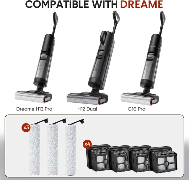 Alt view image 2 of 7 - Roller Brush and Filter Replacement Compatible with Dreame H12 Pro, H12 Dual, G10 Pro Cordless Wet Dry Vacuum Cleaner Accessories, 3 Pack Roller Brushes + 4 Pack Vacuum Filters