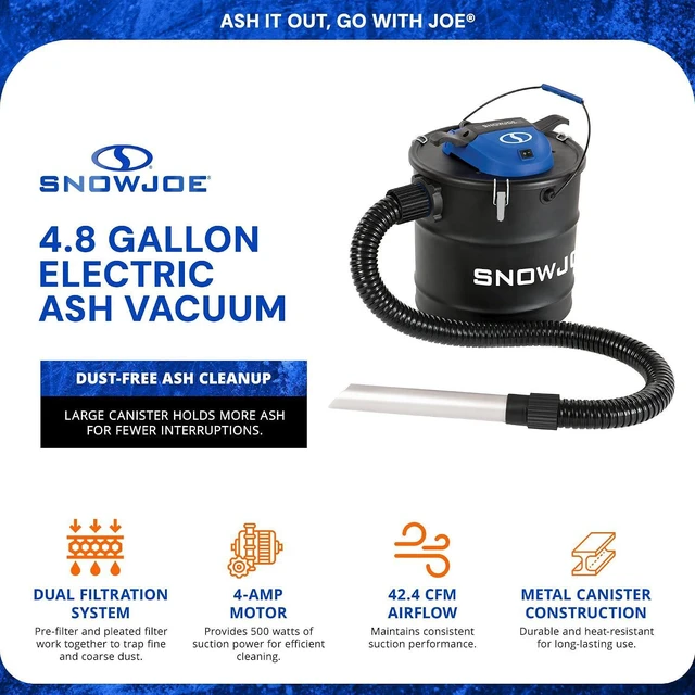 Alt view image 2 of 7 - Snow Joe ASHJ201 4.8-Gallon 4-Amp Ash Vacuum w/Metal Storage Tank, Hose, Filters, Cord Organizer