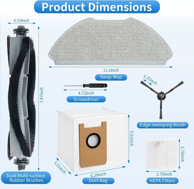 Alt view image 3 of 7 - 23 Pack Replacement Accessories Parts for AIRROBO T20+/T25+/T30+/T25+C Robot Vacuum kit, 1 Main Roller Brush 4 Mop Pads 4 Hepa Filters 6 Side Brushes 6 Dust Bags 1 Clean Tool 1 Screwdriver