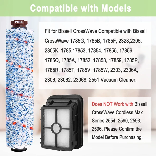 Alt view image 2 of 6 - 8 Pack Replacement Parts Compatible with Bissell CrossWave 1785 2306 3888A Vacuum Cleaner 4 Pack Multi-Surface Brush Roll 1868 4 Pack Vacuum Filter 1866 Compare to Part 1608683 160-8683 1608684
