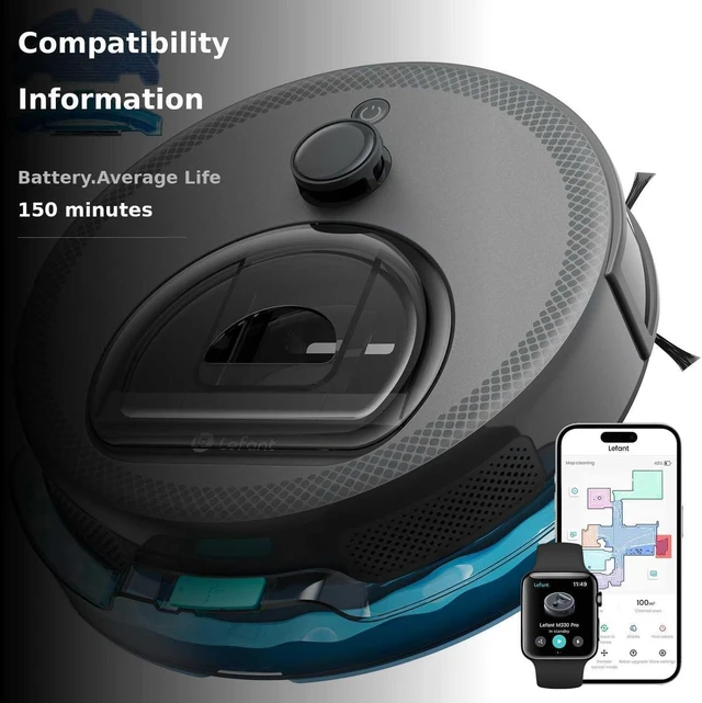 Alt view image 3 of 7 - Lefant Robot Vacuum and Mop, Smart Mapping and Obstacle Avoidance, Tangle-Free Pet Hair, 2.4G/5G WiFi App Control, Slim Design for Wider Coverage, Carpet Detection, M330 Pro, Grey