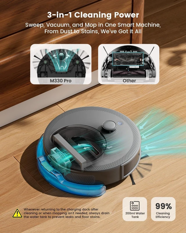 Alt view image 5 of 7 - Lefant Robot Vacuum and Mop, Smart Mapping and Obstacle Avoidance, Tangle-Free Pet Hair, 2.4G/5G WiFi App Control, Slim Design for Wider Coverage, Carpet Detection, M330 Pro, Grey