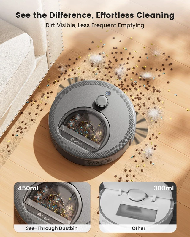 Alt view image 6 of 7 - Lefant Robot Vacuum and Mop, Smart Mapping and Obstacle Avoidance, Tangle-Free Pet Hair, 2.4G/5G WiFi App Control, Slim Design for Wider Coverage, Carpet Detection, M330 Pro, Grey