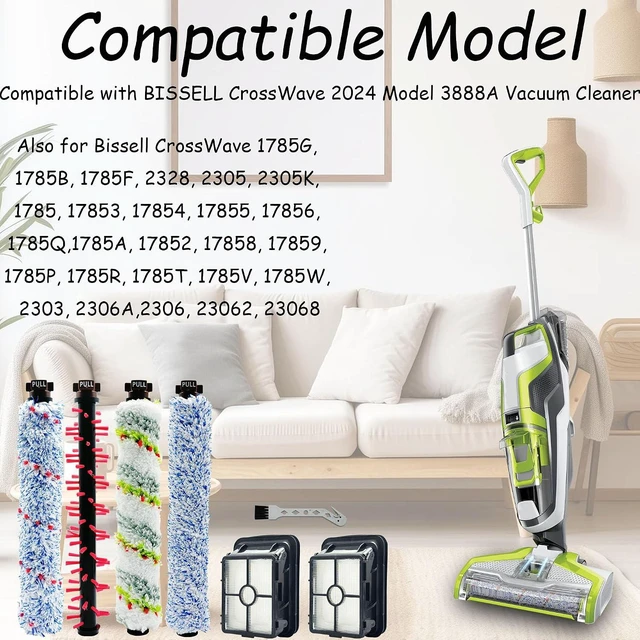 Alt view image 2 of 7 - Replacement Parts for Bissell CrossWave 2024 Model 3888A Vacuum 4 Brush Rolls, 2 Vacuum Filters, 1 Cleaning Brush