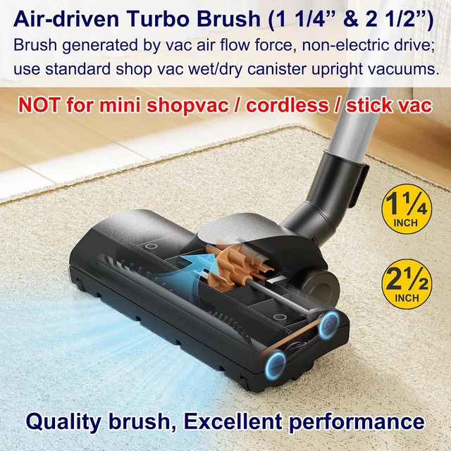 Alt view image 2 of 7 - Portek Air-Driven Turbo Brush Attachment for Shop Vac Wet Dry Vacuum Cleaners, 1-1/4 and 2-1/2 Inch, Non-Electric Floor Head for Pet Hair and Debris Removal from Carpets Area Rugs Hard Floors
