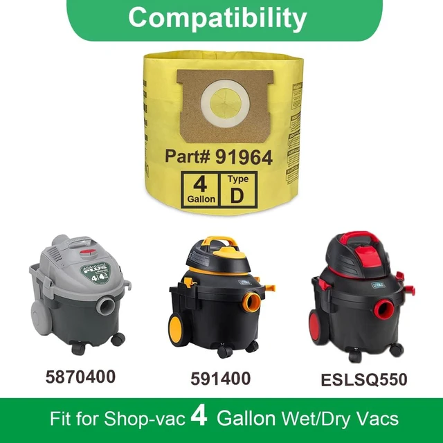 Alt view image 2 of 7 - 12 Pack 91964 Type D Vacuum Filter Bags Compatible with Shop-Vac 4 Gallon Vacuum, Replacement 9196400 9196433 High Efficiency Dust Collection Bag