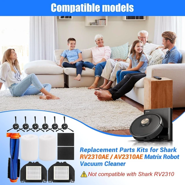 Alt view image 2 of 7 - RV2310AE Replacement Parts for Shark AV2310AE/RV2320S/RV2300S/UR2350AE/UR2360S Matrix Robot Vacuum Cleaner,1 Main Brush Roller, 6 Side Brushes, 2 HEPA Filters, 2 Foam Filters(Not for RV2300/RV2310)