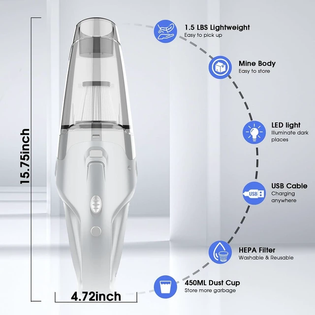 Alt view image 4 of 7 - YOOHI Handheld Vacuum Cordless Rechargeable 6000Pa Mini Hand Held Vacuum, LED Light, 2025 Mins Runtime, USB Charging, 500ML Cup Lightweight Small Vacuum Cleaner Cordless for Car/Office/Home