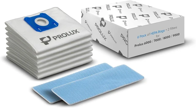 Main image of 6 pack of HEPA bags and 2 post Filters for the Prolux 6000/7000/8000/9000 series upright vacuum cleaners