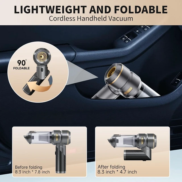 Alt view image 5 of 7 - Car Vacuum Portable Cordless 22000PA High Power Handheld Mini Vacuum Cleaner Rechargeable Foldable with Brushless Motor Air Blower Duster Pump for Car Home Office Pet (Gray)