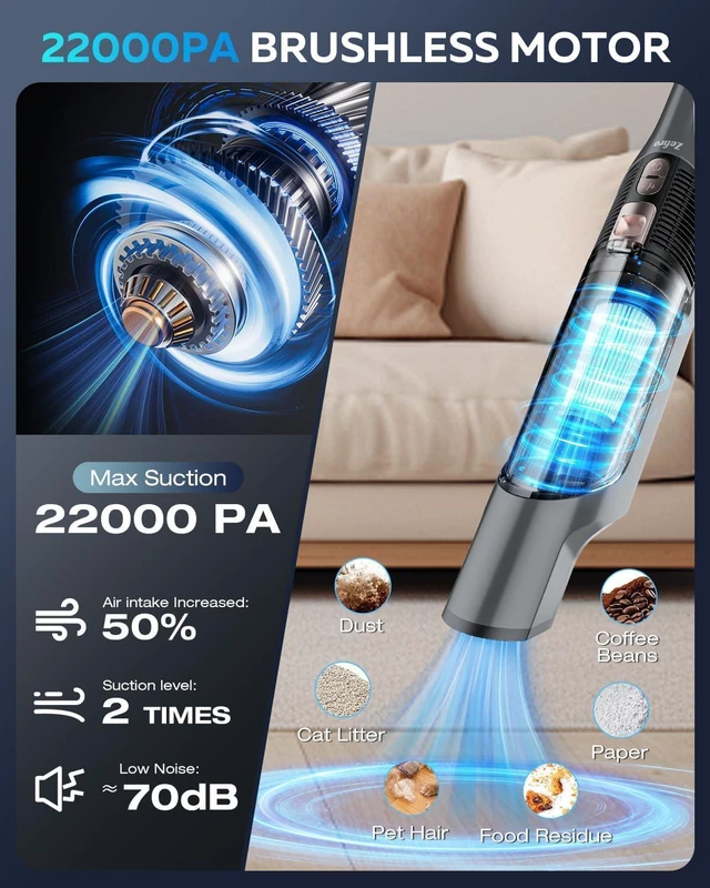 Alt view image 3 of 7 - Zefiro Handheld Vacuum Cordless 25000PA Portable