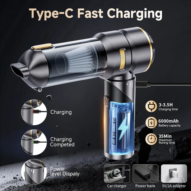 Alt view image 6 of 7 - Car Vacuum Portable Cordless 22000PA High Power Handheld Mini Vacuum Cleaner Rechargeable Foldable with Brushless Motor Air Blower Duster Pump for Car Home Office Pet (Gray)